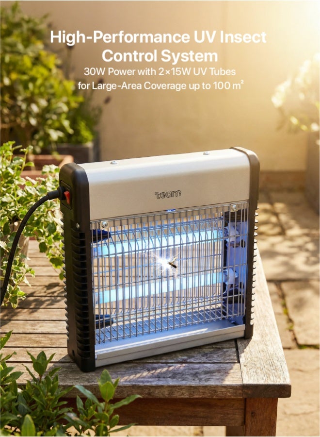 تيم TEAM TM‑30N Electric Insect Killer 30W – UV Mosquito & Fly Killer Lamp, Chemical‑Free Bug Zapper with 2x15W UV Tubes, Wide 100m² Coverage for Home,  Office, Shop & Warehouse - Image 2